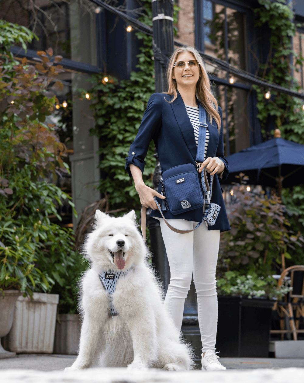 Frau im Blazer mit Hund in einer urbanen Umgebung, umgeben von Pflanzen, zeigt den DOOG Neosport Walkie Bag.