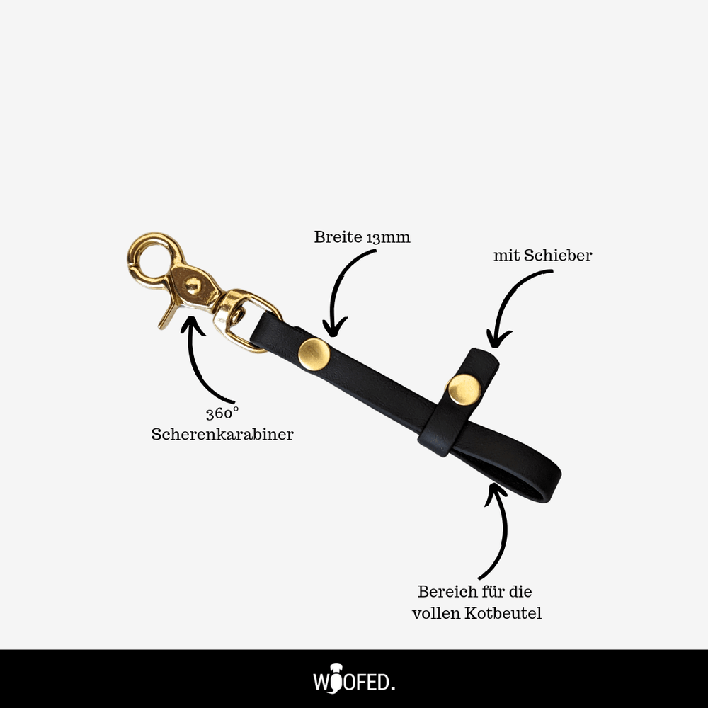 Kotbeutelhalter aus Biothane mit Karabiner für hygienisches Gassigehen, stylisches Design und praktische Anwendung.