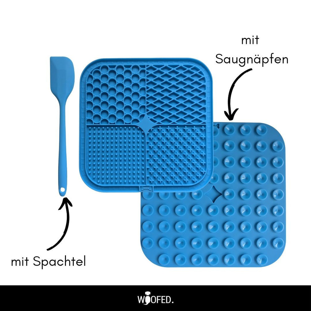 Blaues Silikon-Backmatte-Set mit quadratischer Matte und Spachtel, ideal zum Backen mit Saugnäpfen und verschiedenen Oberflächenstrukturen.