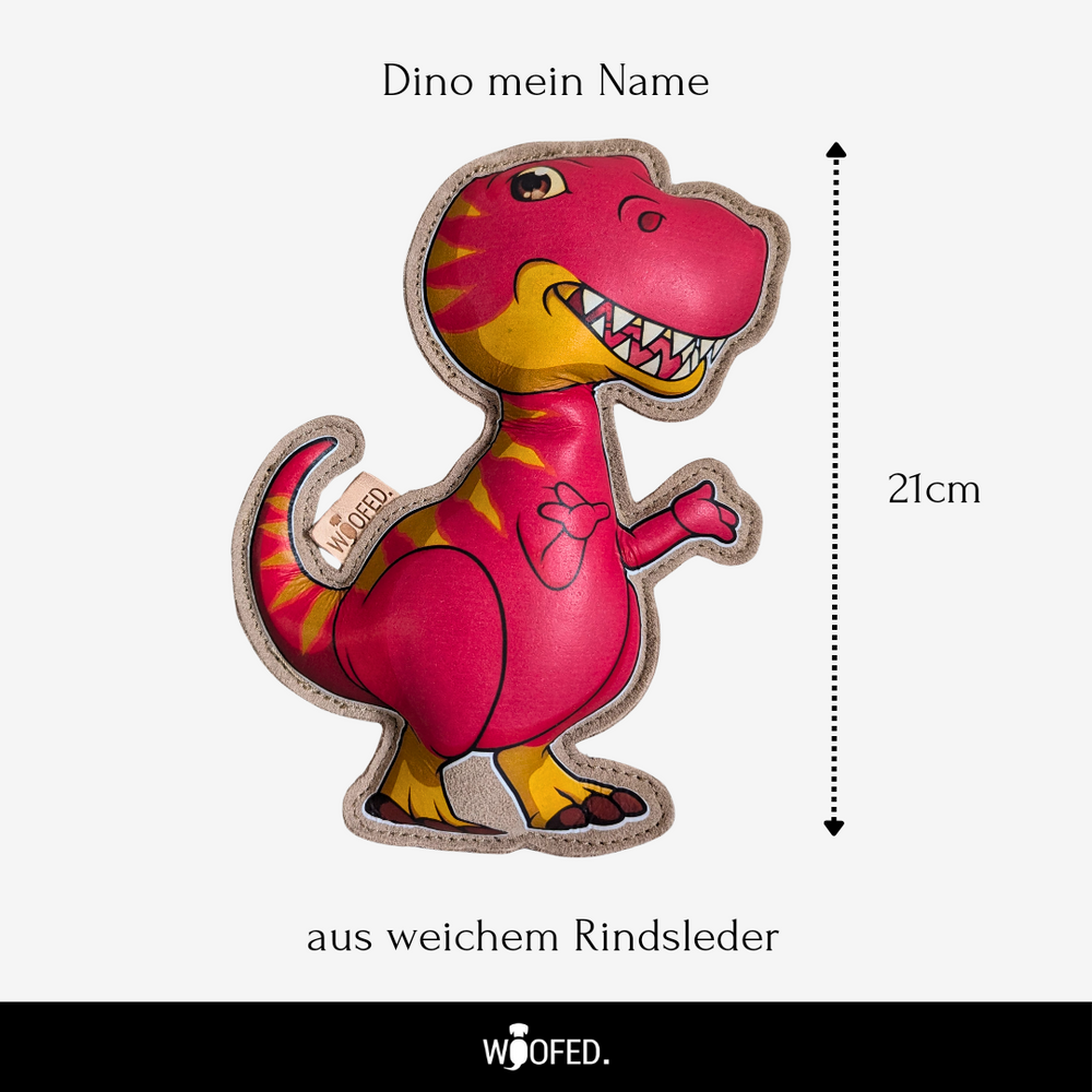 Hundespielzeug Dinosaurier "Dino" aus Rindsleder, 21 cm hoch, farbenfroh und robust, ideal für aktive Hunde und Spielspaß.