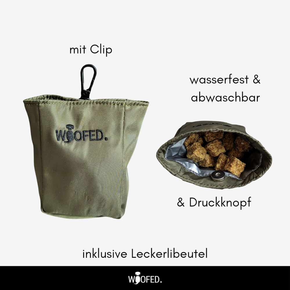 Leckerlibeutel von WOOFED. in modernem Design, wasserdicht, mit Clip und Druckknopfverschluss, ideal für Snacks.