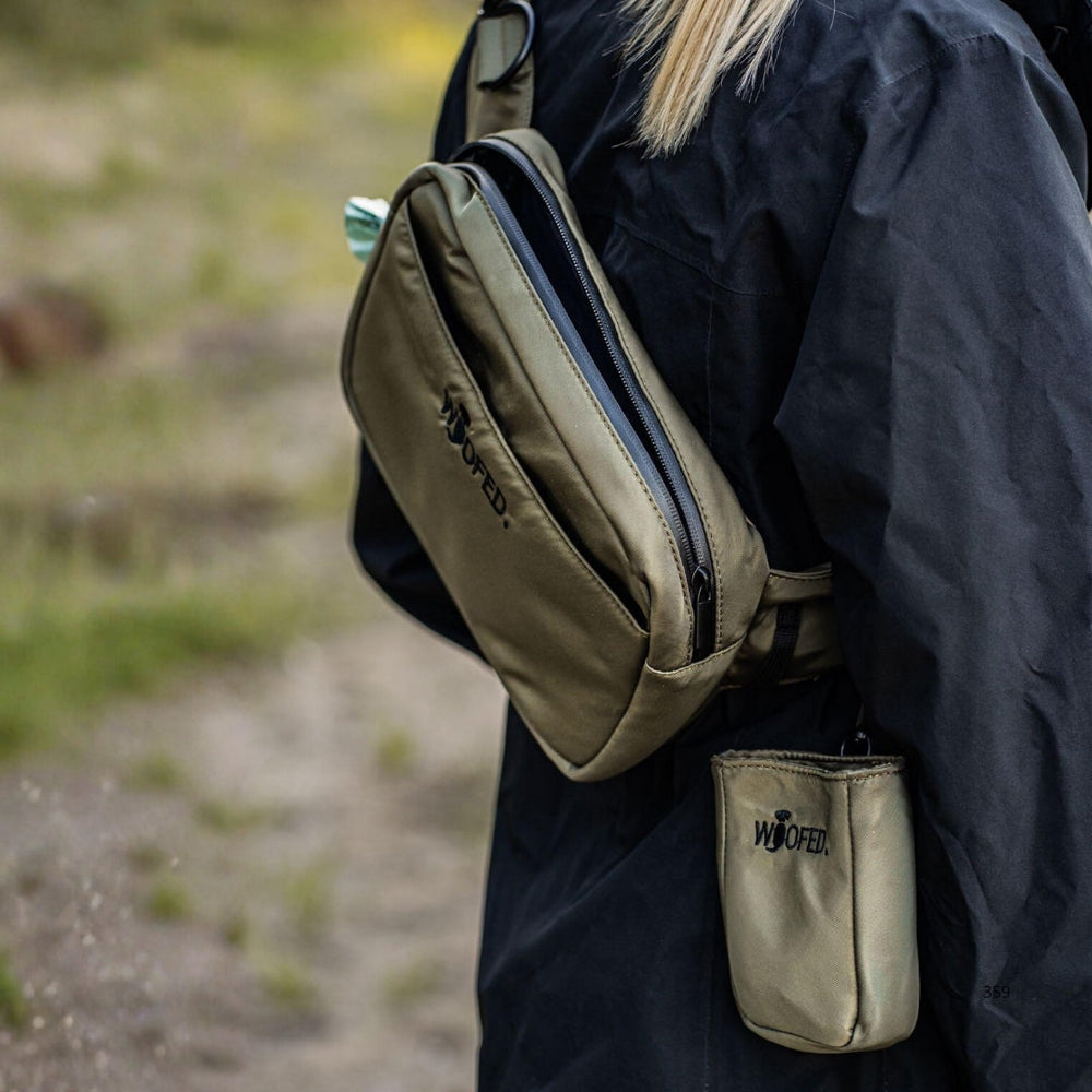 Multifunktionale Gassitasche in olivgrün als Bauchtasche oder Schultertasche für Hundemenschen mit integriertem Kotbeutelspen