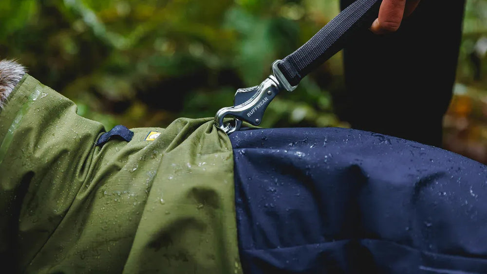 "Person befestigt Karabiner an olivgrünem Sun Shower™ Coverall Regenanzug für Hunde, dunkelblaue Hose, wasserdicht."