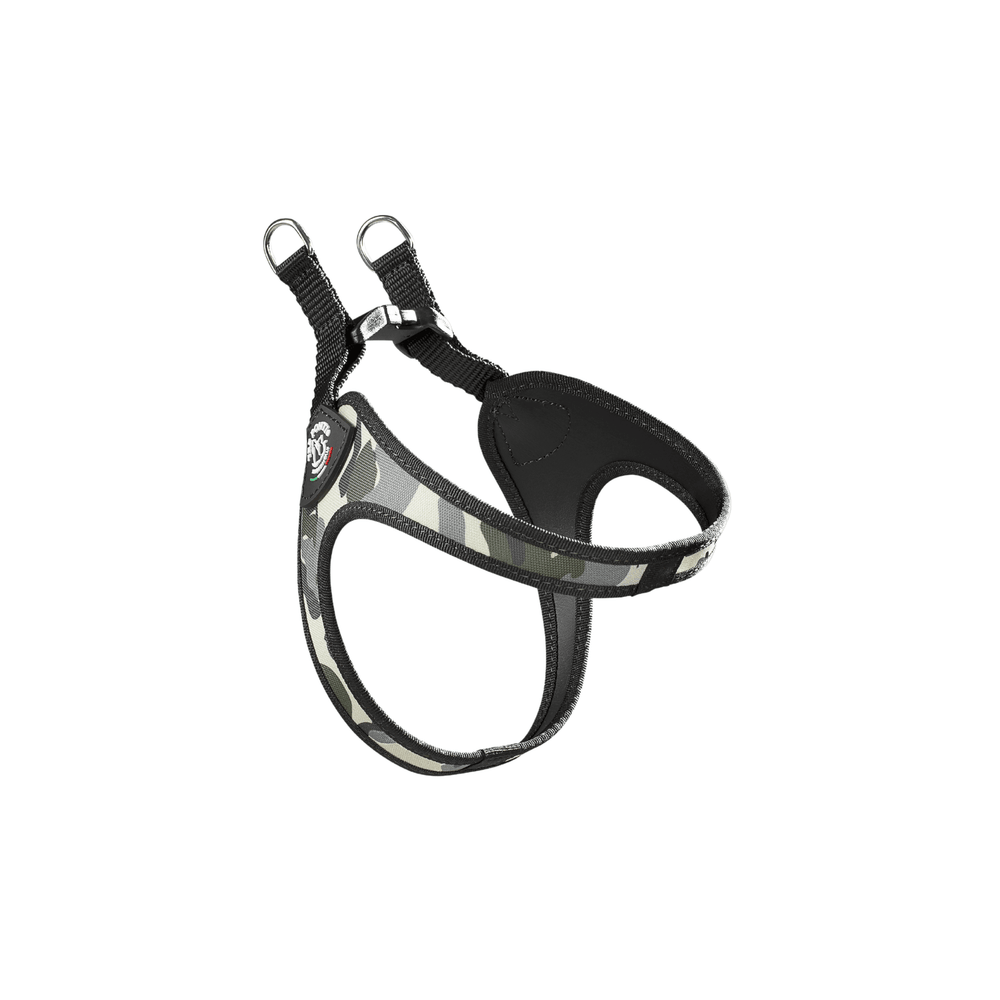 Hundegeschirr im Camouflage-Design, verstellbar, mit D-Ringen und gepolstert für optimalen Komfort und Passform.