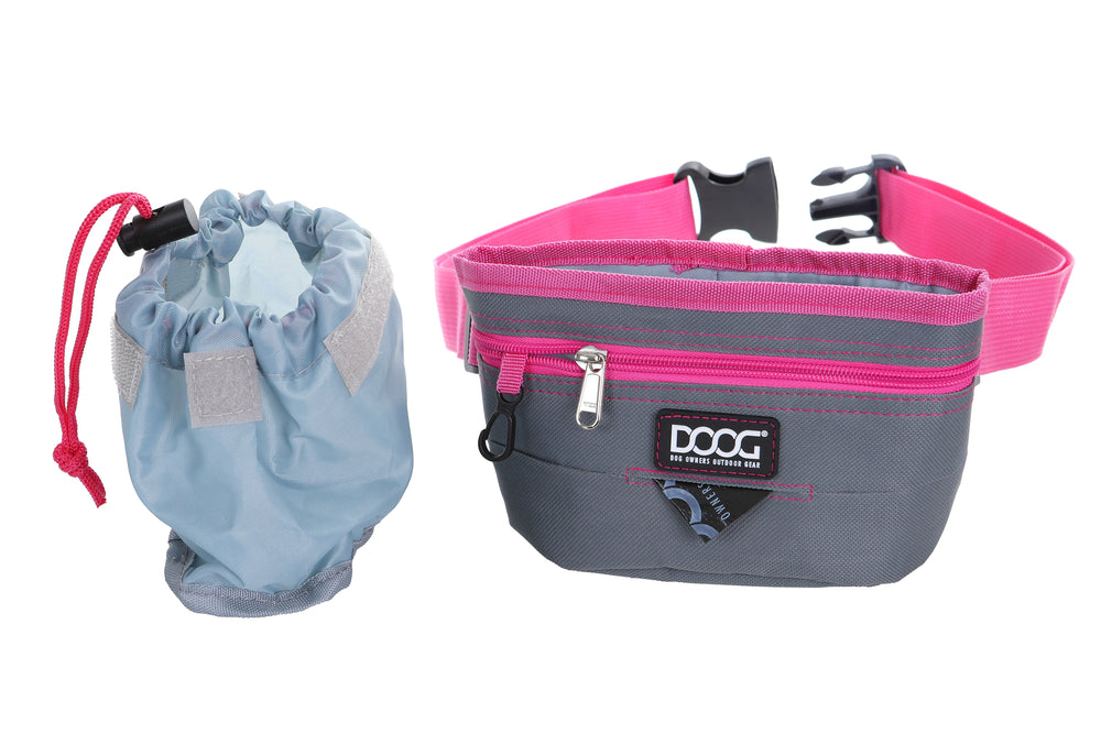 Faltbare Hundewasserflasche und Hüfttasche in Grau und Pink für Leckerlis im Set. Perfekt für unterwegs mit Haustieren.