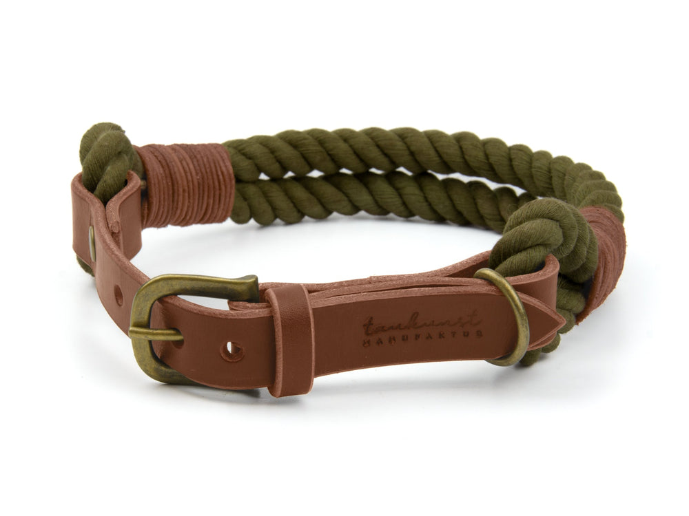 Olivgrünes geflochtenes Hundehalsband mit braunen Leder-Elementen und robuster Metallschnalle.