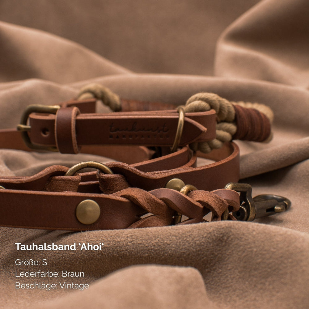 Tauhalsband "Ahoi" in braunem Leder mit Vintage-Beschlag, Größe S, kombiniert geflochtenes Seil und Leder stilvoll.