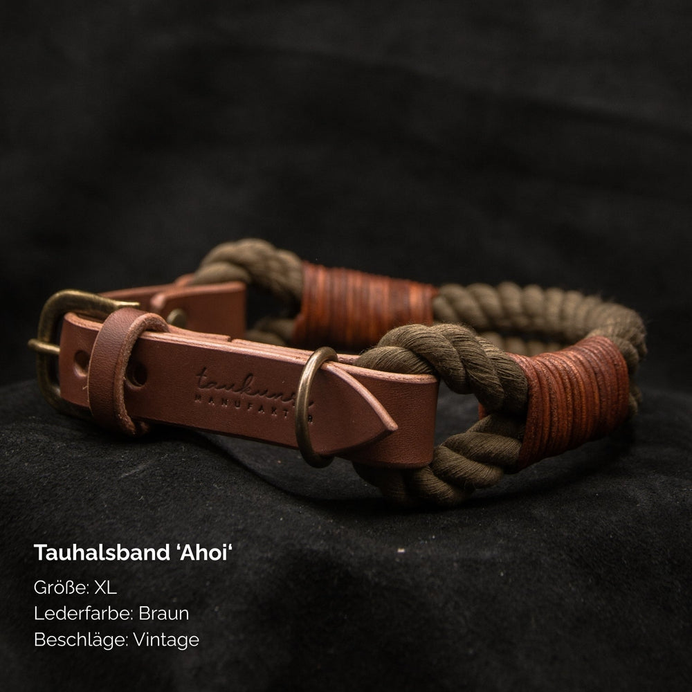 "XL Tauhalsband 'Ahoi' in braun mit geflochtenem Tau und Vintage-Lederelementen für stilvolle Hundebesitzer."