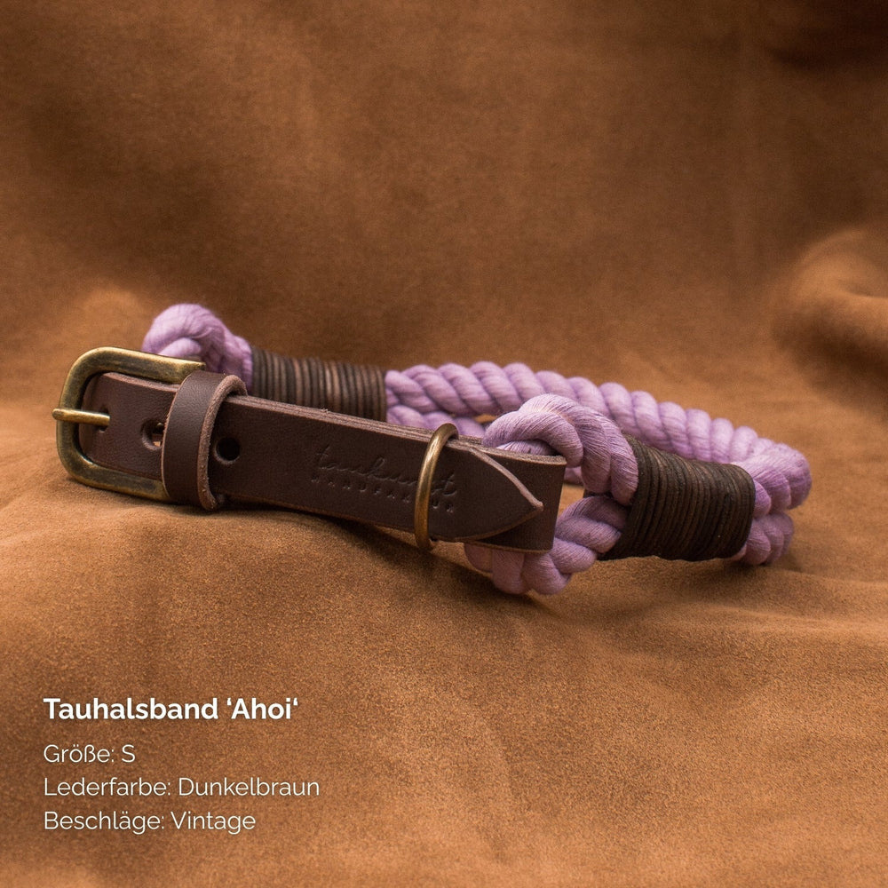 Tauhalsband „Ahoi“ in dunkelbraun mit geflochtenem Tau und vintage Beschlägen, Größe S.
