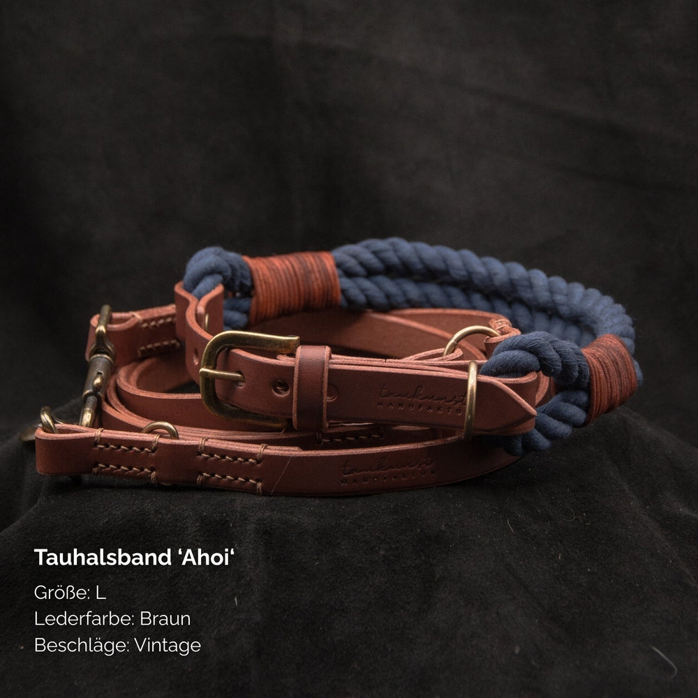 Braunes Tauhalsband "Ahoi" in Größe L mit Vintage-Beschlägen und blauem Tau, ideal für stilbewusste Hunde.