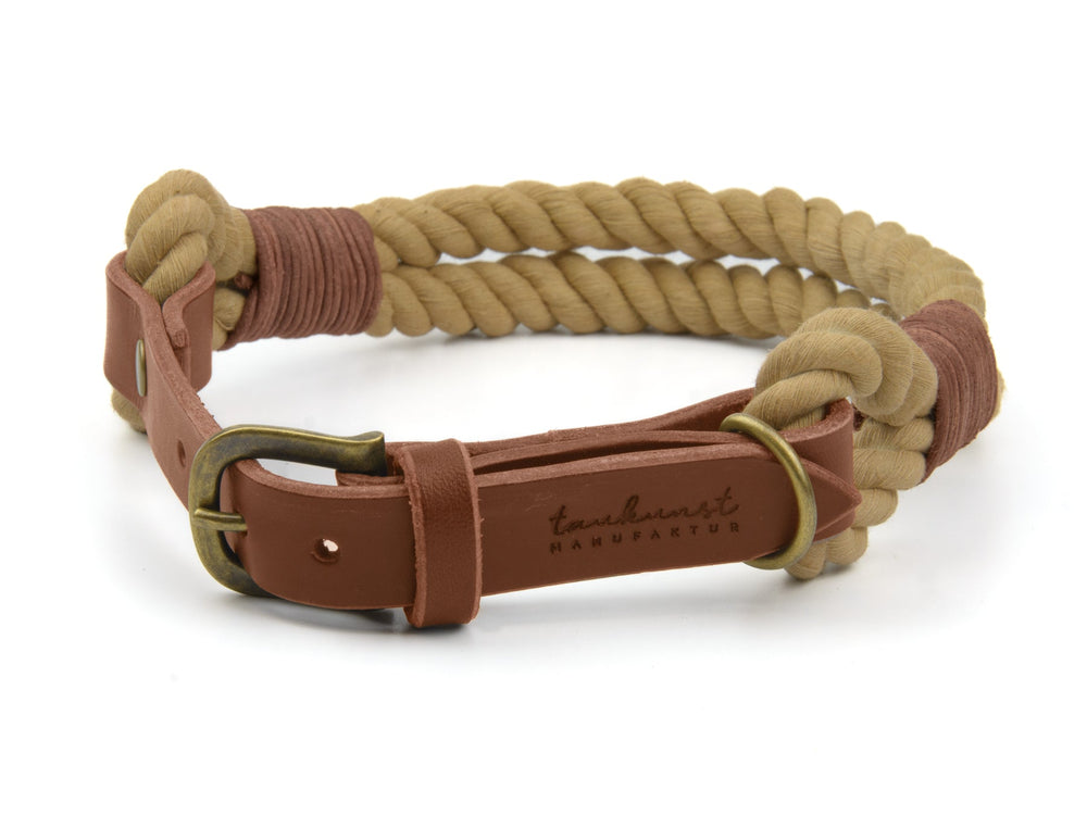 Handgefertigtes Hundehalsband aus geflochtenem Seil und Leder mit goldfarbener Schnalle im maritimen Design.