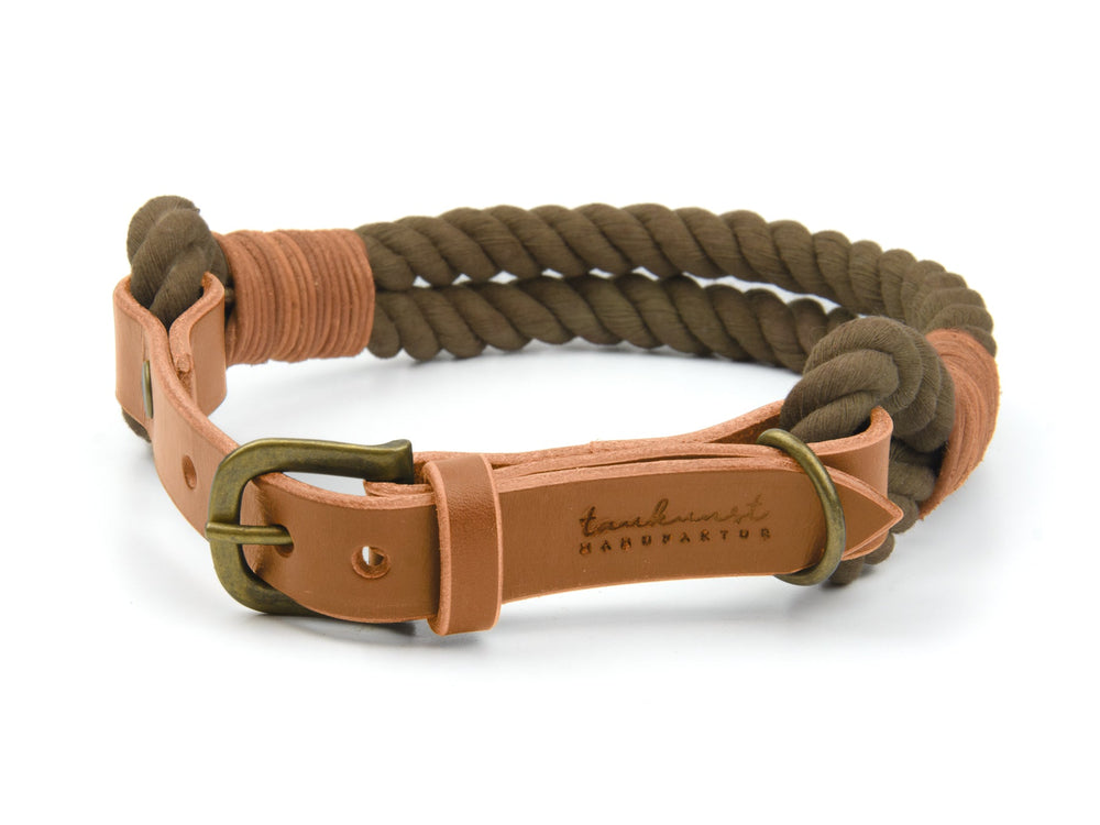 "Hundehalsband Ahoi in Olivgrün mit cognacfarbenem Leder und Metallschnalle, geprägt mit stilvollem Design."