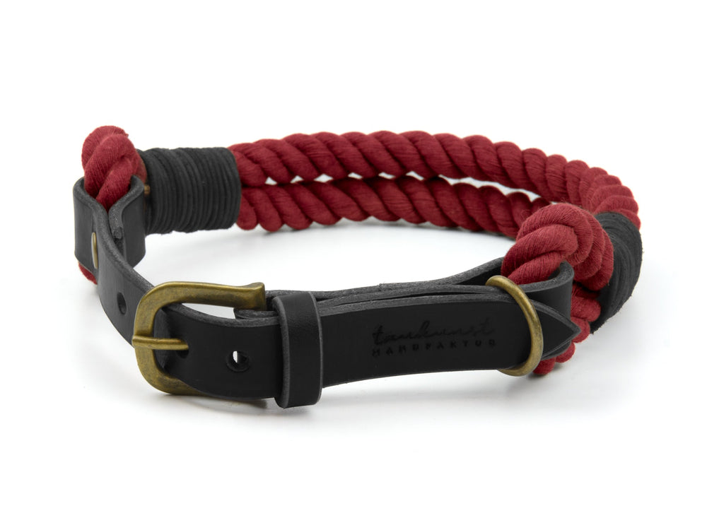 Rotes geflochtenes Hundehalsband mit schwarzem Leder und goldener Schnalle für eleganten und robusten Look.
