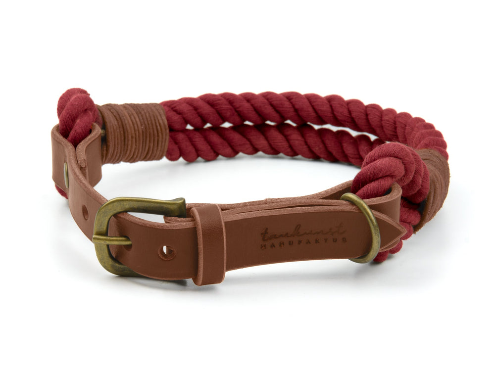 Geflochtenes Hundehalsband in kräftigem Rot mit braunen Lederakzenten und metallischer Schnalle, beschriftet mit "taurus".