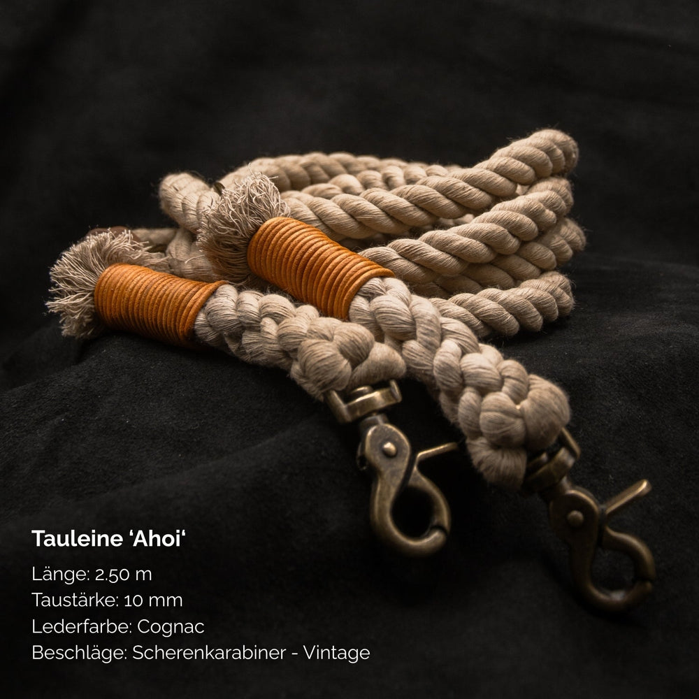 Tauleine "Ahoi" in 2,50 m Länge, 10 mm dick, mit orangefarbenen Lederbeschlägen und natürlicher Farbgebung.