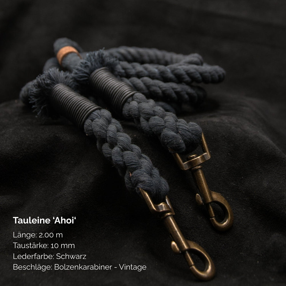Schwarze Leder-Tauleine "Ahoi" mit 2,00 m Länge und 10 mm Taustärke, elegante vintage Beschläge.