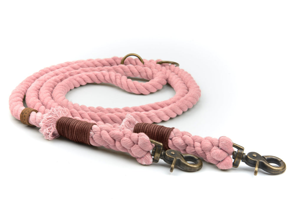 Rosa geflochtene Tauleine mit robusten Karabinerhaken und braunen Leder-Elementen für Hundebesitzer.