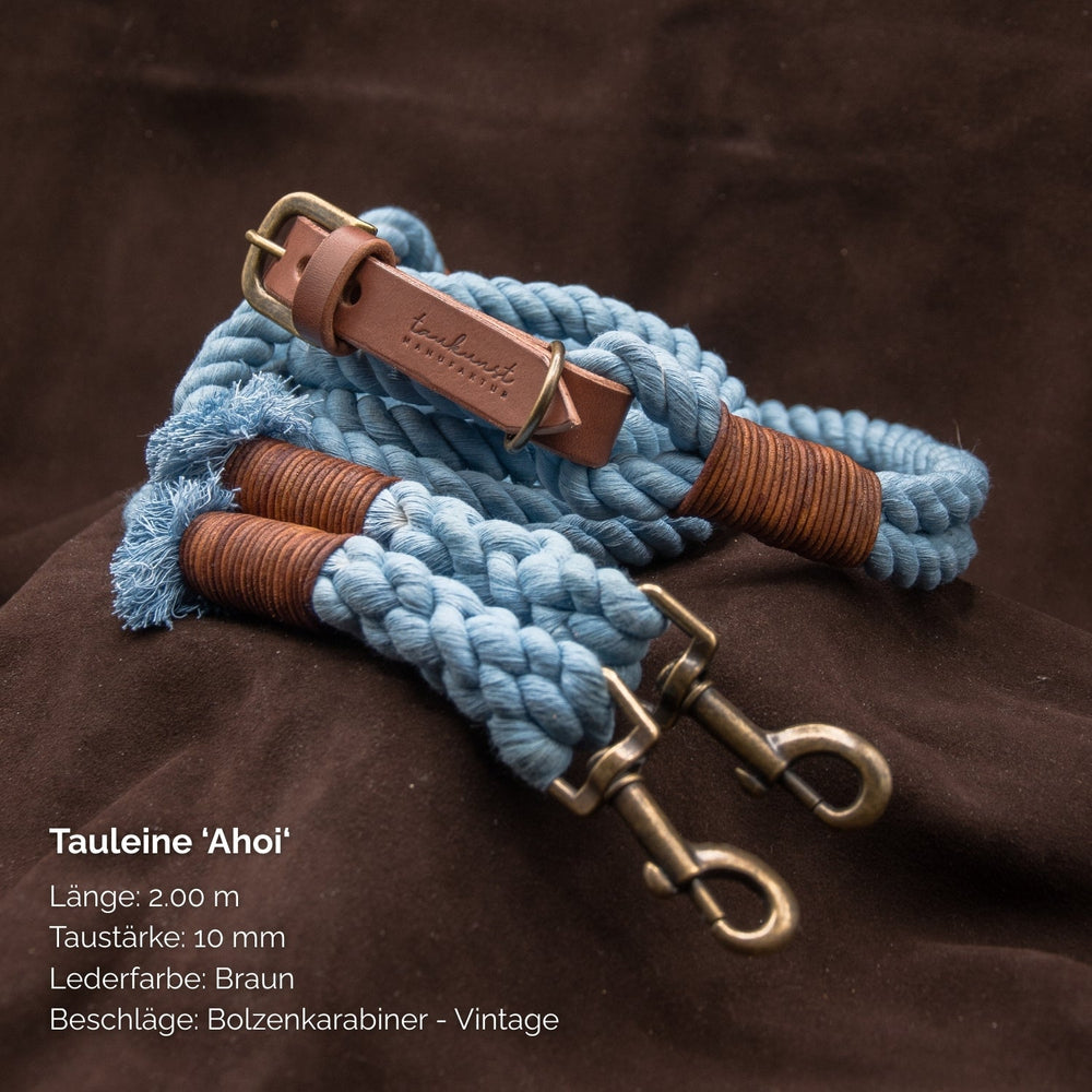 Tauleine 'Ahoi' in Blau und Braun, 2,00 m lang, 10 mm dick - ideal für Hundeausflüge.
