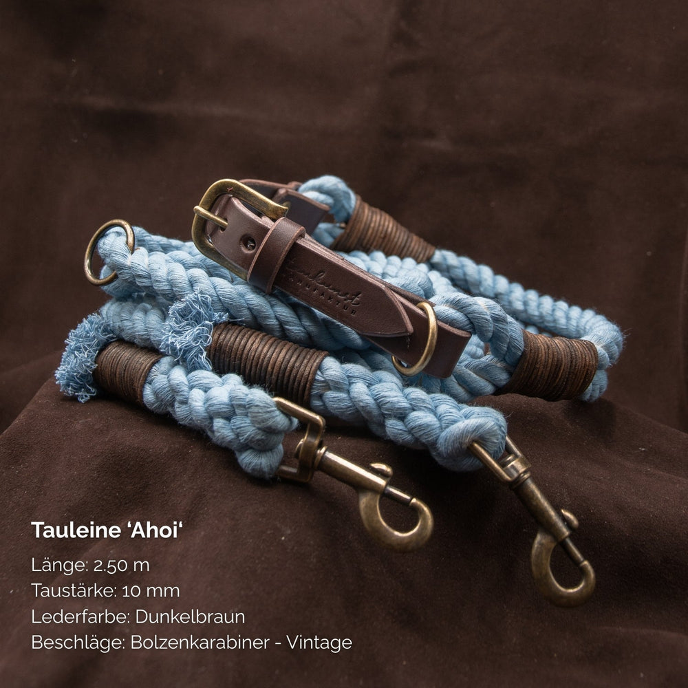 Dunkelbraune Tauleine „Ahoi“ aus Leder, 2,50 m lang, 10 mm stark, mit Bolzenkarabinern für sicheren Halt.