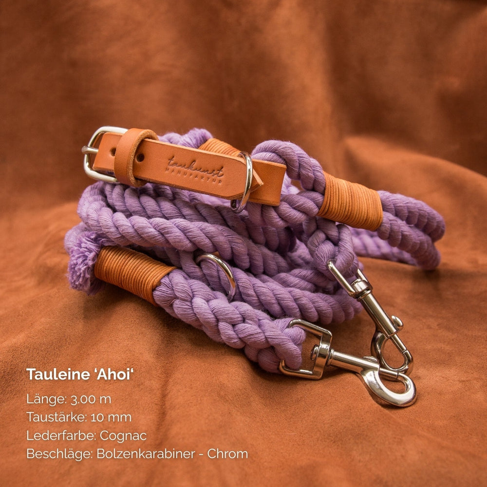 "3,00 m lange lila Tauleine mit 10 mm Taustärke und cognacfarbenen Lederdetails, ideal für Hunde."