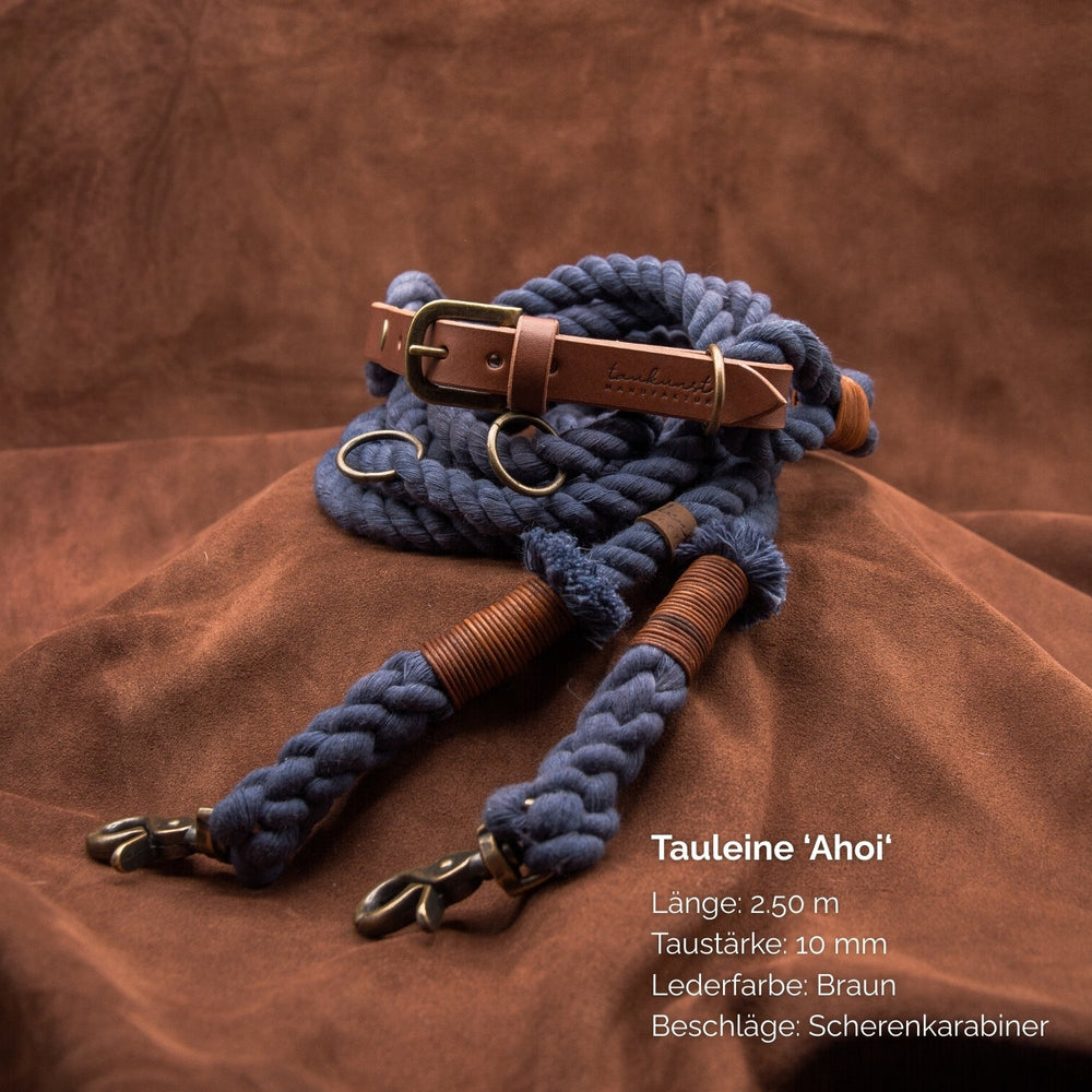 Blaue Tauleine Ahoi, 2,50 m lang, 10 mm dick, mit braunen Lederschäften und Scherenkarabinern ausgestattet.