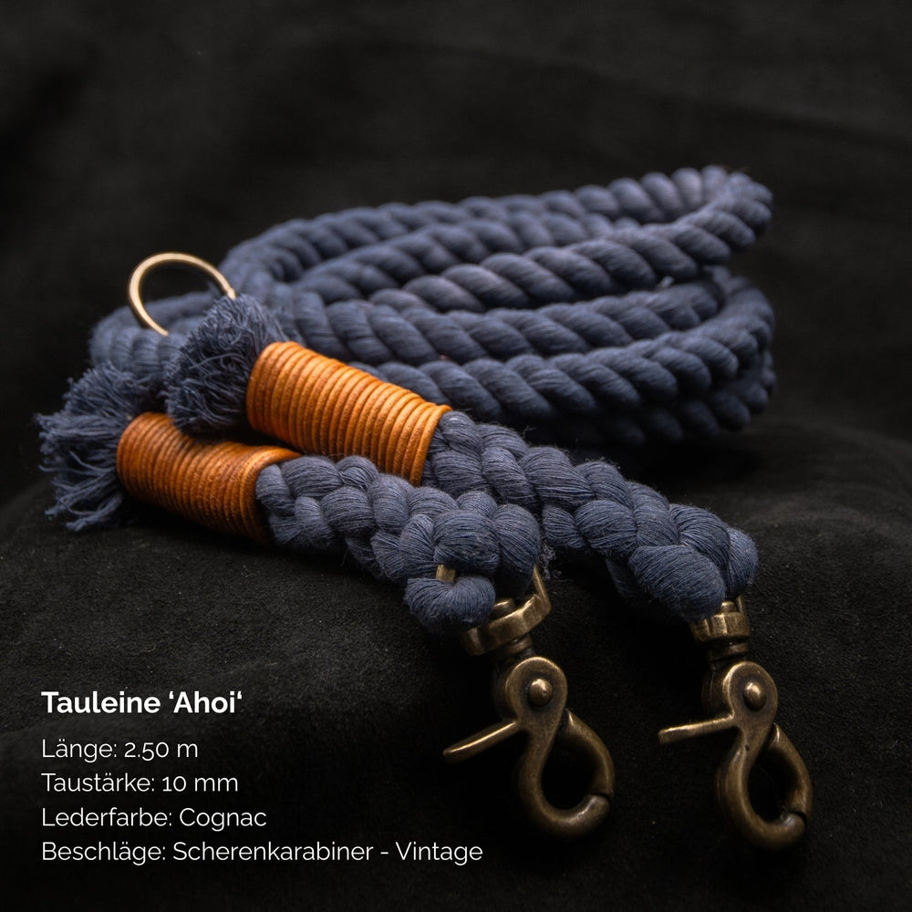 Cognacfarbene Tauleine Ahoi, 2,50 m lang, 10 mm dick, mit robustem Scherenkarabiner für sicheren Halt.
