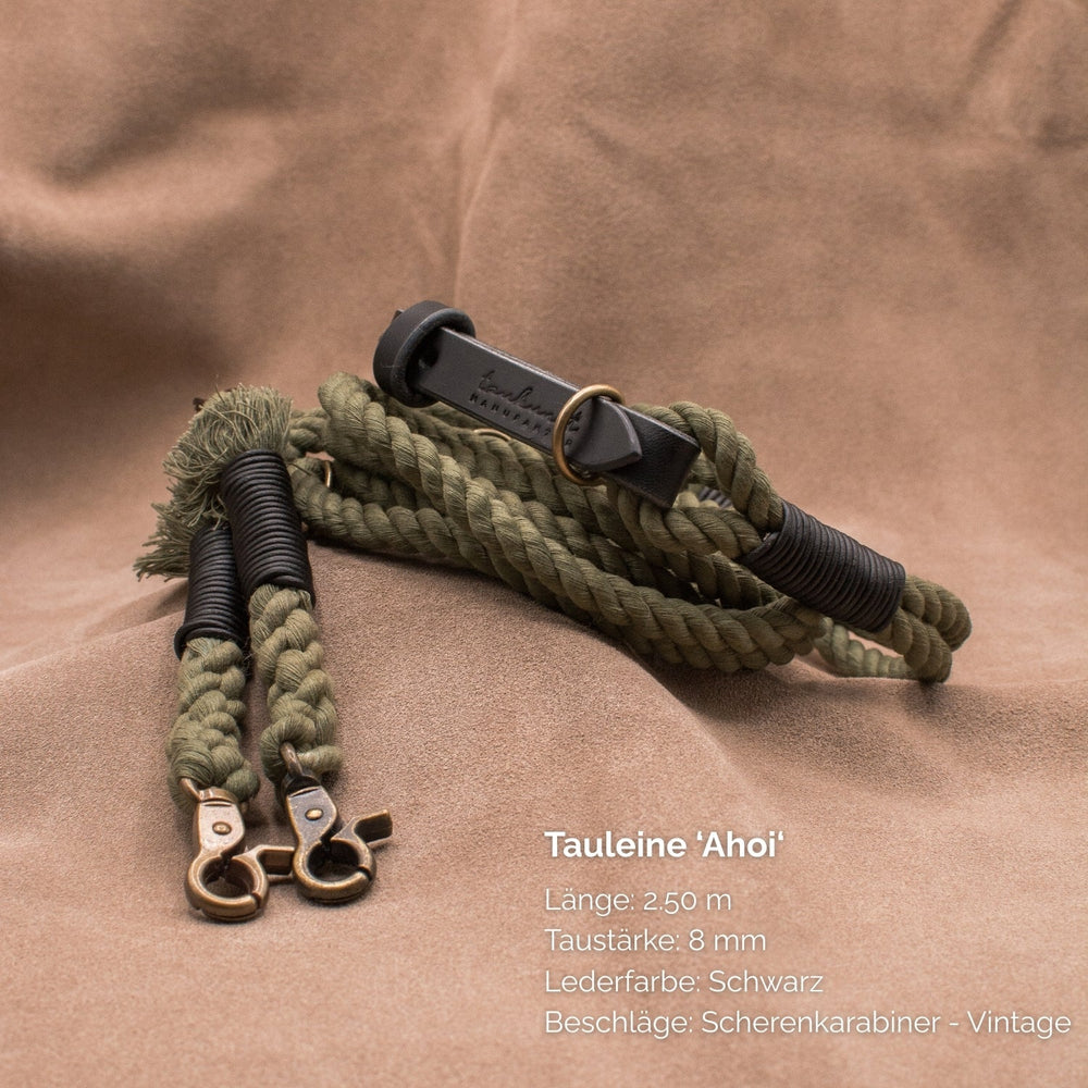 Hochwertige Hundeleine 'Ahoi' in olivgrün mit schwarzen Lederdetails, 2,50 m lang und 8 mm dick. Perfekt für Abenteuer!