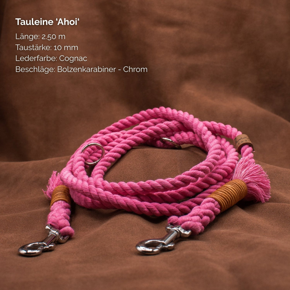 "Hundeleine Ahoi in leuchtendem Pink, 2,50 Meter lang, 10 mm dick – ideal für Spaziergänge mit deinem Hund."