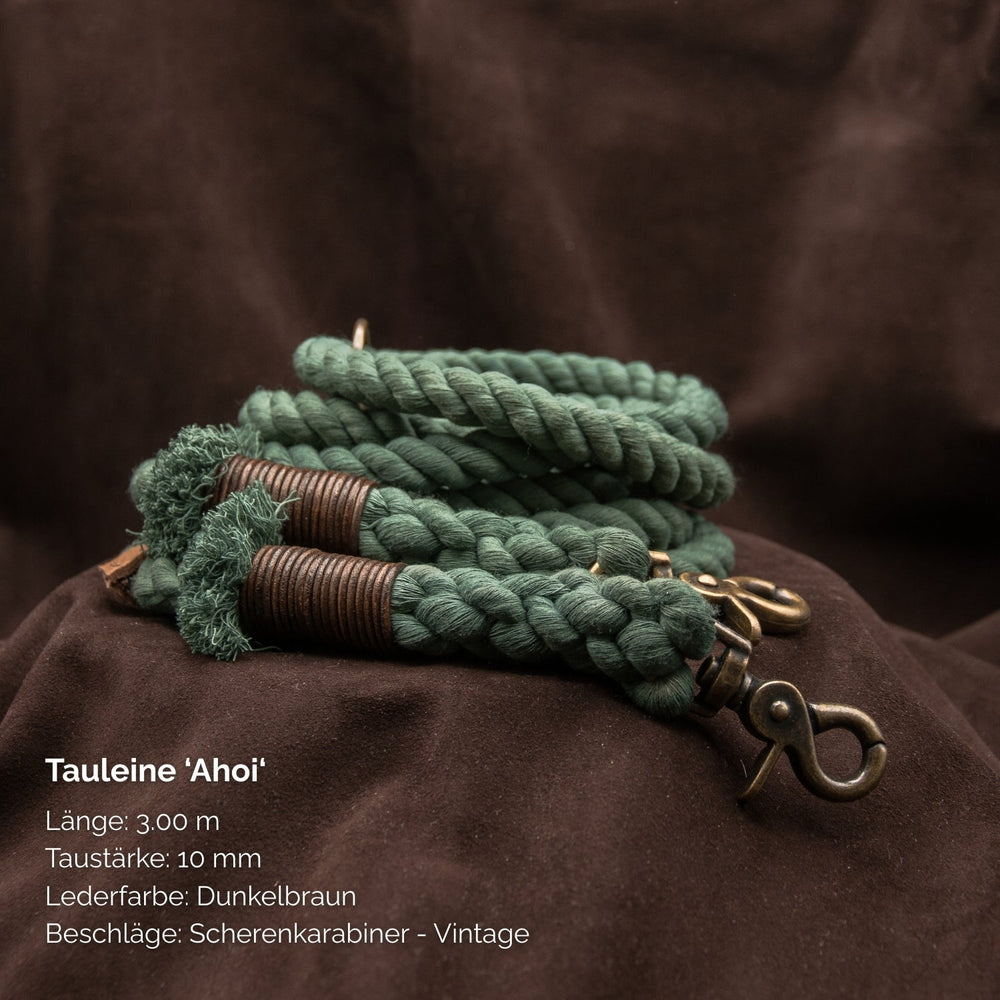 Tauleine 'Ahoi' mit 3 m Länge, 10 mm Taustärke, dunkelbraunem Leder und stabilen Scherenbeschlägen.