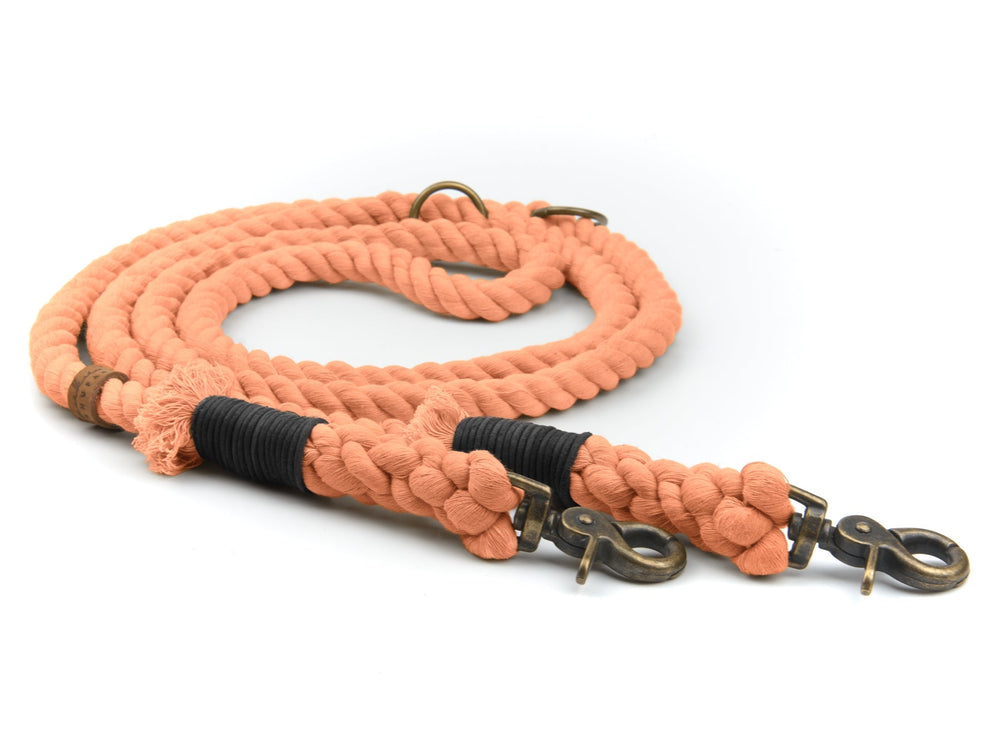 Orangefarbene geflochtene Hundeleine mit metallischen Karabinerhaken zur sicheren Befestigung am Geschirr oder Halsband.