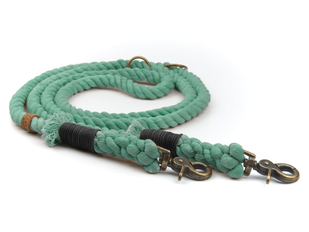 "Grüne geflochtene Tauleine mit Karabinerhaken und ergonomischem Griff in Schwarz-Braun für Hunde."