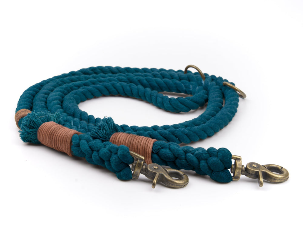 Grüne geflochtene Tauleine mit Metallkarabiner und braunem Band, ideal für Spaziergänge mit dem Hund.