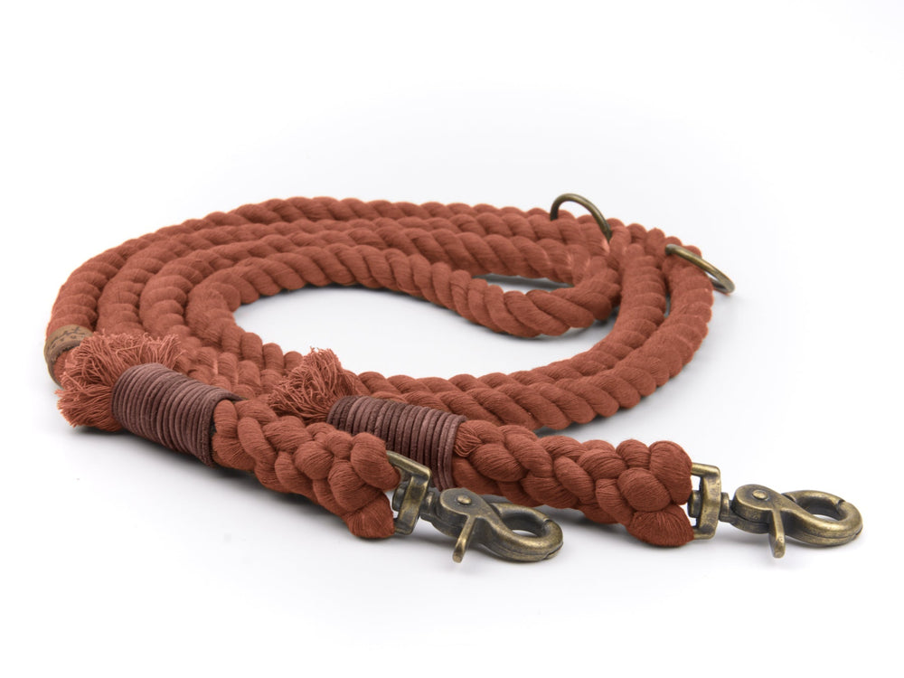 Braune geflochtene Tauleine mit stabilen Karabinerhaken, ideal für Hunde und Abenteuer im Freien.