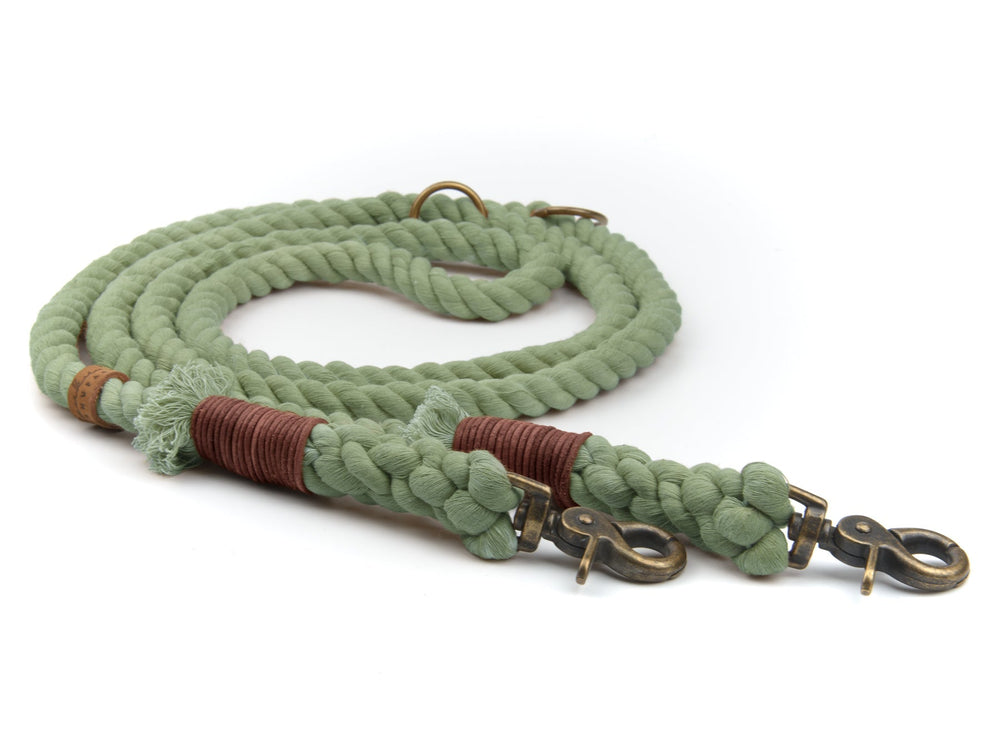 Grüne geflochtene Hundeleine mit metallischen Karabinerhaken und braunen dekorativen Elementen. Robust und stylisch.