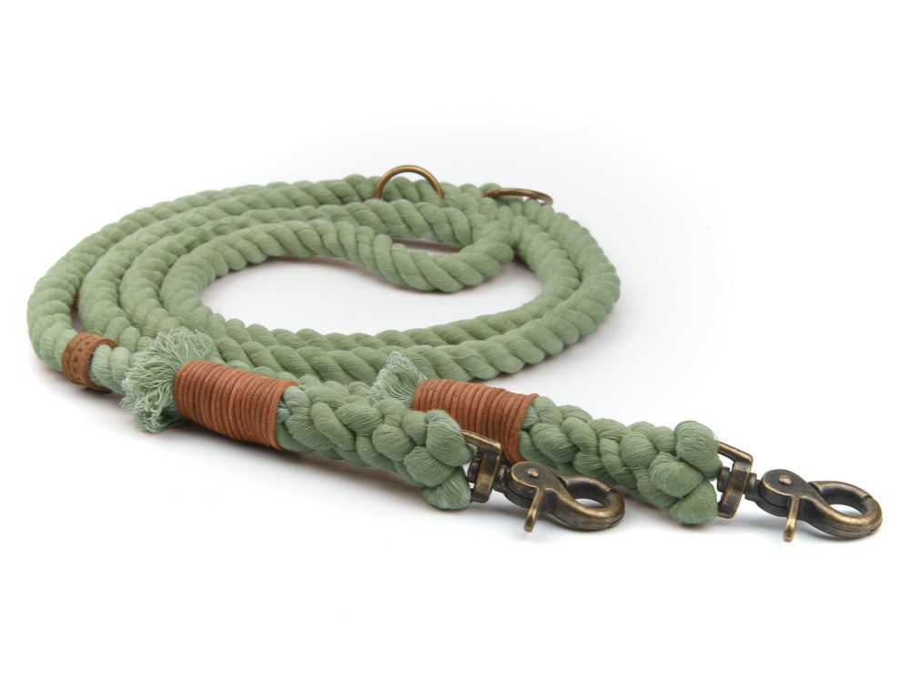Grüne geflochtene Hundeleine mit Metallhaken und braunen Lederakzenten, robust und stilvoll.