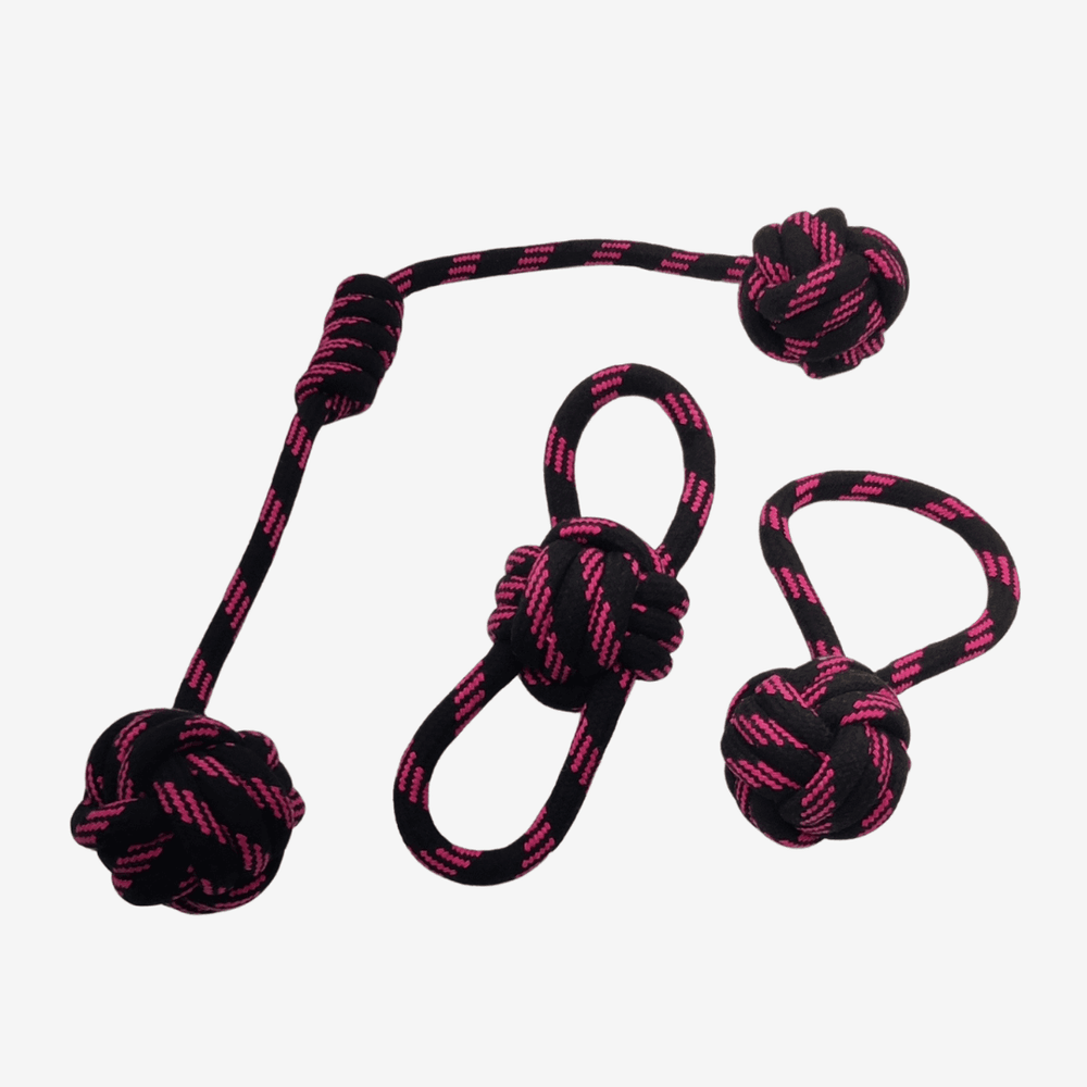 Drei schwarze Hundespielzeuge aus geflochtenem Material mit pinken Streifen, ideal zum Spielen und Kauen.