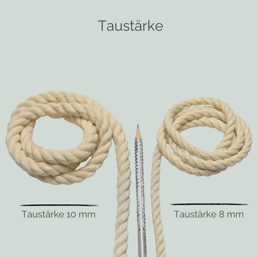 Zwei unterschiedliche Tauleinen in 10 mm und 8 mm Stärke, aus hellem Material, perfekt für nautische Aktivitäten.