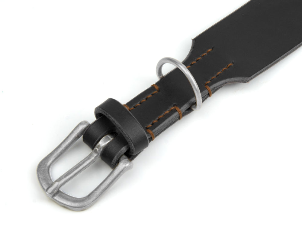 Schwarzes Lederhalsband mit silberner Metallschließe und dekorativer heller Naht, ideal für stilvolle Belohnungen.