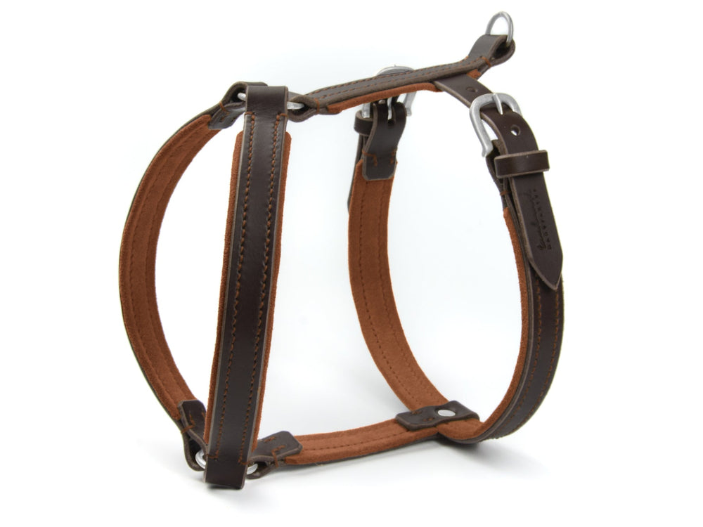 Ergonomisches Hundegeschirr WILDFANG aus dunkelbraunem Leder mit gepolsterten Elementen und verstellbaren Schnallen.