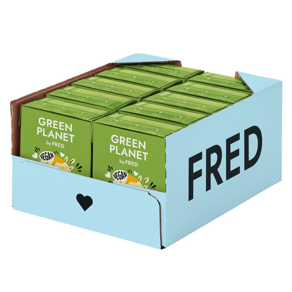 Kiste mit veganem Hunde-Futter GREEN PLANET Kein Huhn, umweltfreundliche Alternative in grüner Verpackung.