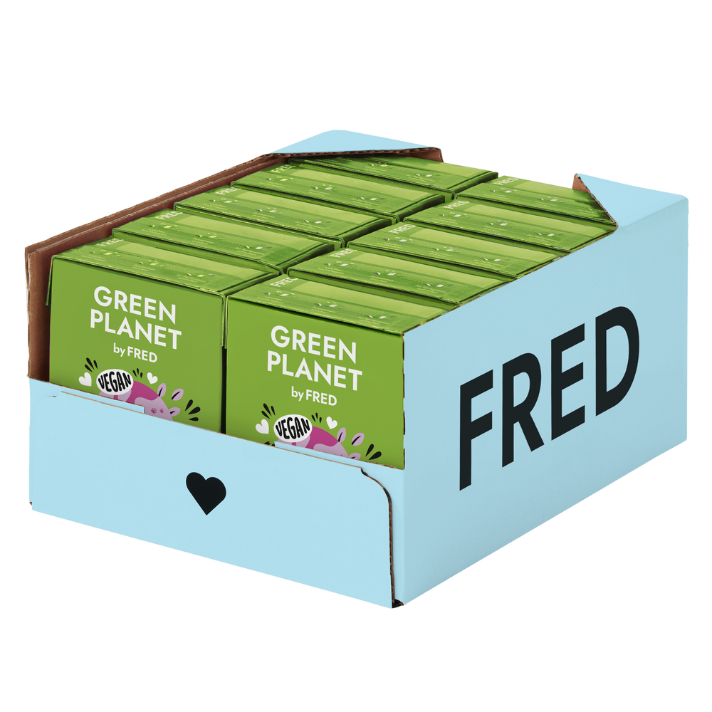 Kartonbox mit veganem Hundefutter GREEN PLANET Kein Pferd, umweltfreundliche Alternative in grünen Verpackungen.