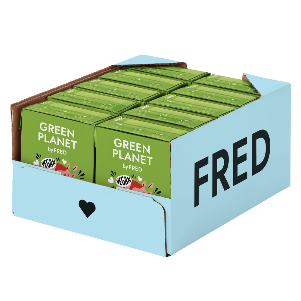 Kartonverpackung von GREEN PLANET Kein Rind (vegan) für gesunde, pflanzliche Hundeernährung in hellblau mit schwarzem Herz.
