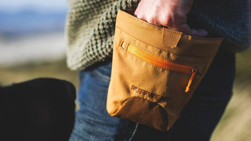 Handliche, orangefarbene Treat Trader™ Leckerlitasche von Ruffwear, ideal für Outdoors mit robustem Material und Reißverschluss.