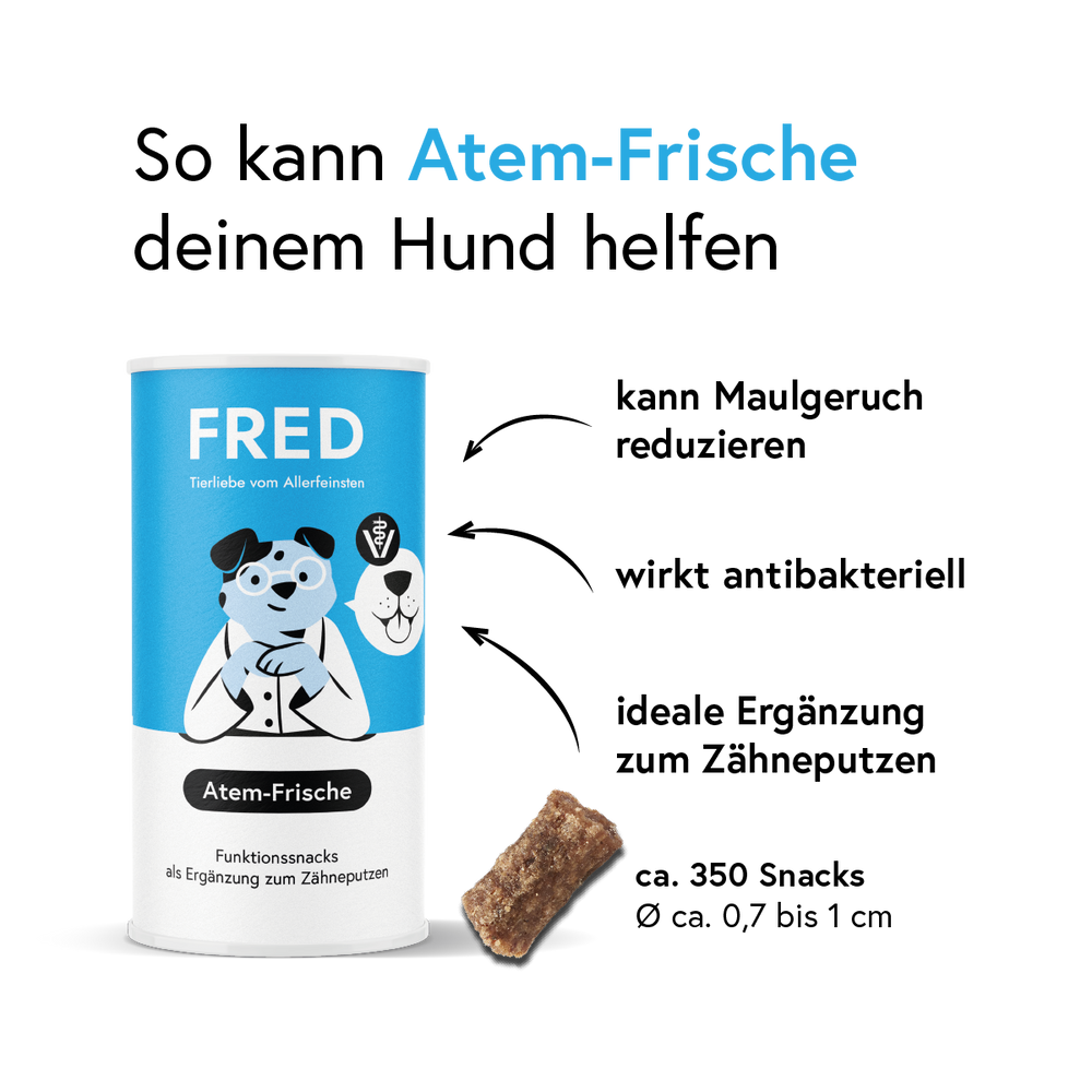 Funktionssnack Atem-Frische für Hunde zur Reduzierung von Maulgeruch mit antibakterieller Wirkung von Minze und Eukalyptus.
