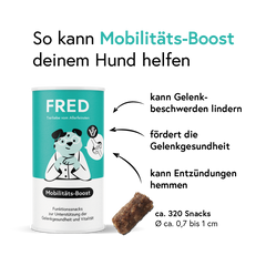 Funktionssnack Mobilitäts-Boost für Hunde in praktischer Dose zur Unterstützung der Gelenkgesundheit und Beweglichkeit.