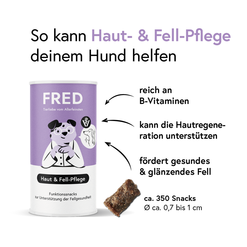 Funktionssnack Haut & Fell-Pflege für Hunde in Dose, unterstützt gesunde Haut und glänzendes Fell mit B-Vitaminen.