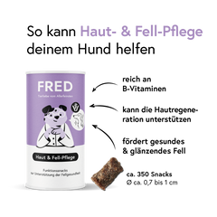 Funktionssnack Haut & Fell-Pflege für Hunde in Dose, unterstützt gesunde Haut und glänzendes Fell mit B-Vitaminen.