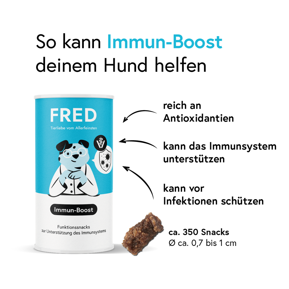 Verpackung des Funktionssnacks Immun-Boost für Hunde mit Antioxidantien zur Unterstützung des Immunsystems und 350 Snacks pro