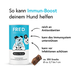 Verpackung des Funktionssnacks Immun-Boost für Hunde mit Antioxidantien zur Unterstützung des Immunsystems und 350 Snacks pro