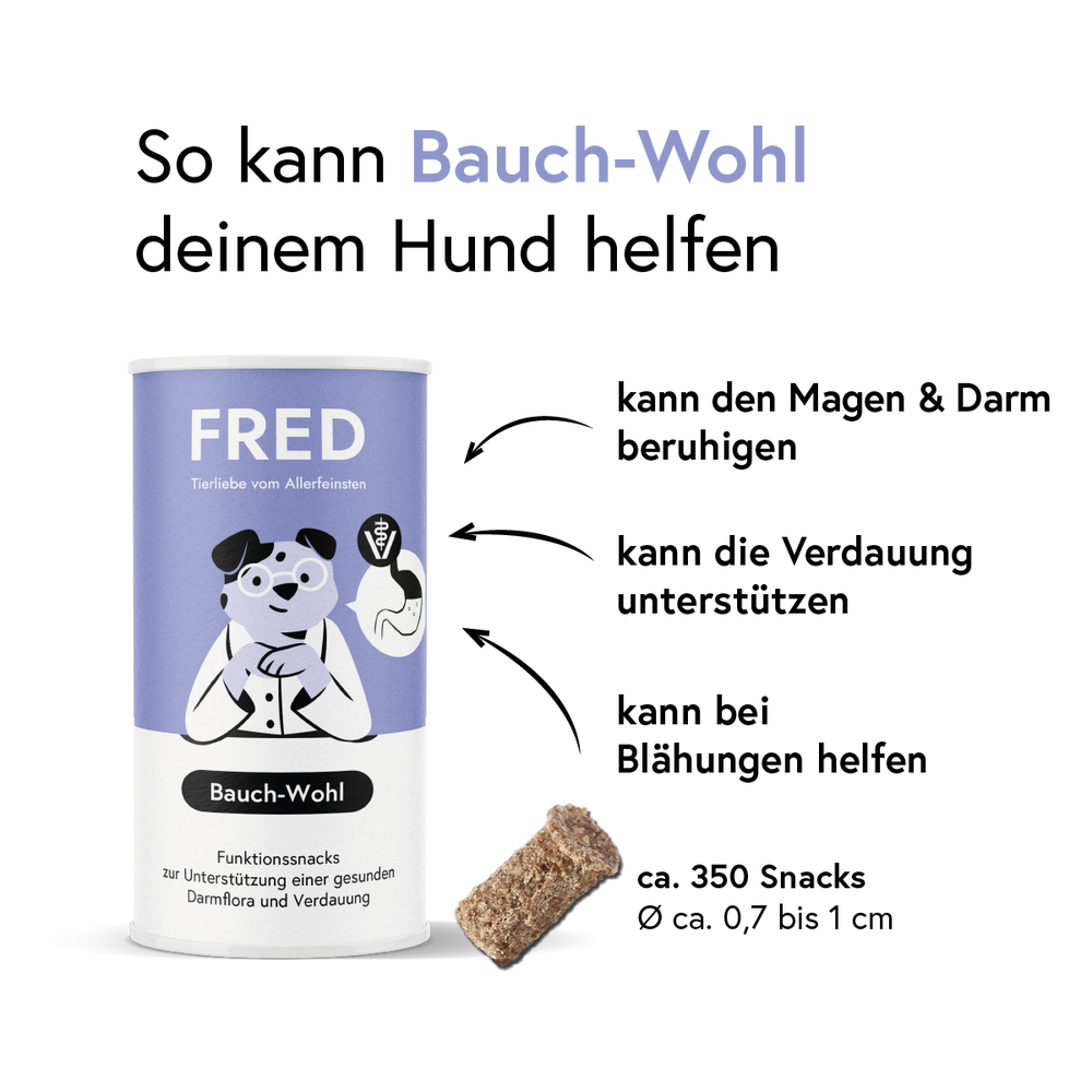 Funktionssnack Bauch-Wohl für Hunde zur Unterstützung der Verdauung und Beruhigung des Magen-Darm-Bereichs.